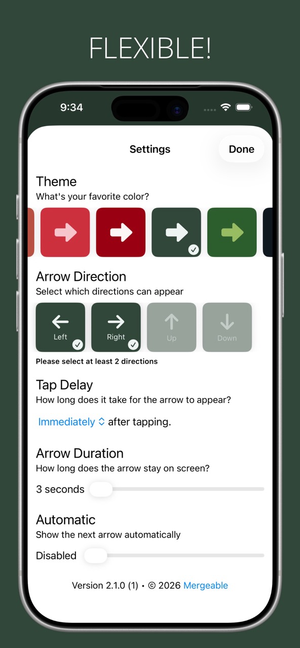 Randomizer settings — themes, arrow directions, tap delay, arrow duration and automatic mode